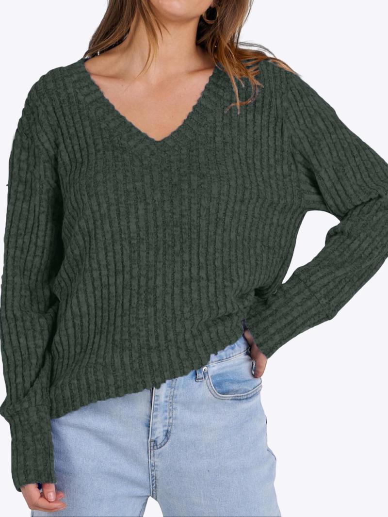Women's Plain Drop Shoulder V Neck Tee, Casual Long Sleeve Top for Spring & Fall, Fashion Women's Clothes for Daily Wear Women's Plain Drop Shoulder V Neck Tee, Casual Long Sleeve Top for Spring & Fall, Fashion Women's Clothes for Daily Wear