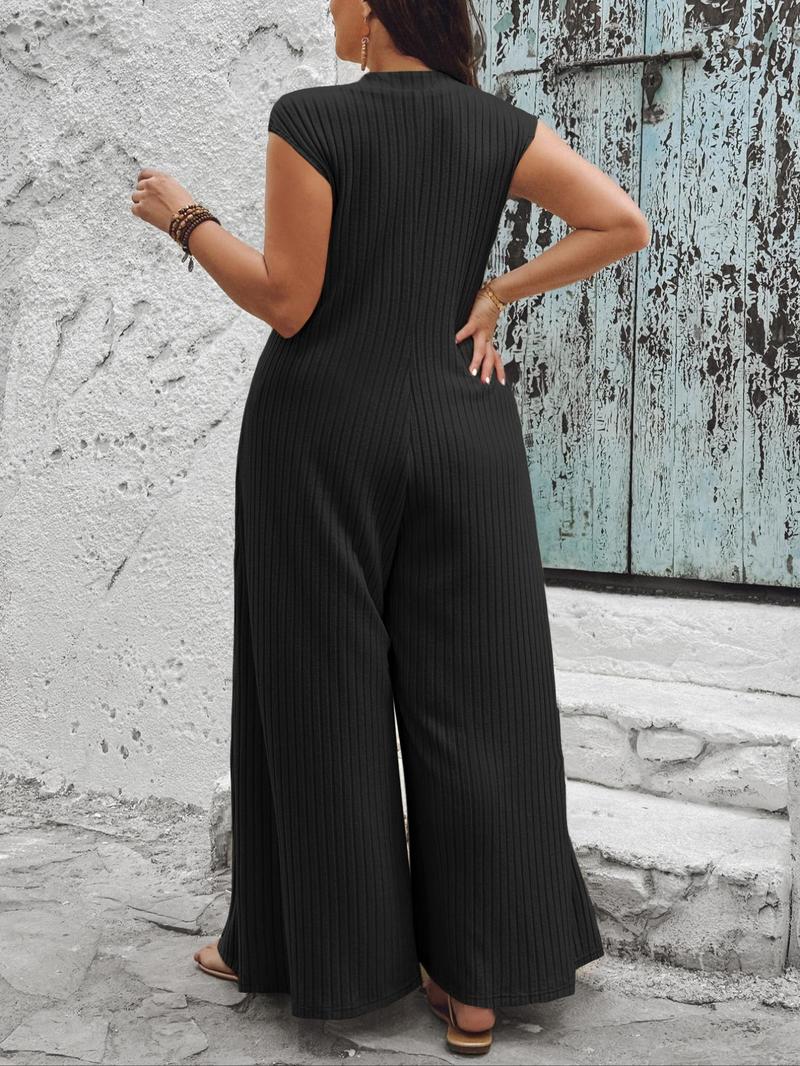 Plus Size Solid Button Front Jumpsuit, Casual Comfy Sleeveless Jumpsuit for Daily Wear, Women's Plus Clothing for All Seasons, Clothes Plus Size Solid Button Front Jumpsuit, Casual Comfy Sleeveless Jumpsuit for Daily Wear, Women's Plus Clothing for All Seasons, Clothes