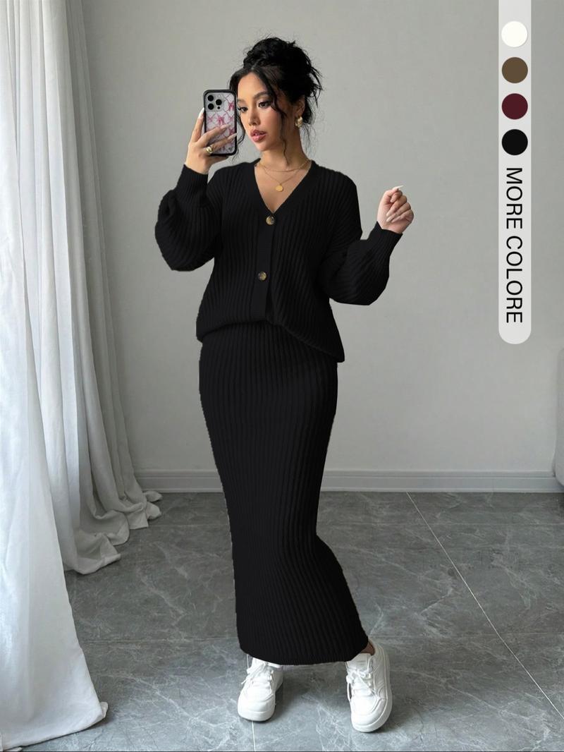 Women's Solid Button Front Sweater & Long Skirt Two-piece Set, Casual Drop Shoulder Long Sleeve Knit Top & High Waist Skirt for Daily Outdoor Wear, Women's Knitwear for Fall & Winter Women's Solid Button Front Sweater & Long Skirt Two-piece Set, Casual Drop Shoulder Long Sleeve Knit Top & High Waist Skirt for Daily Outdoor Wear, Women's Knitwear for Fall & Winter