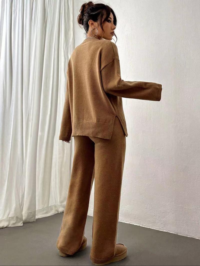 Women's Solid Drop Shoulder Split Hem Sweater & Elastic Waist Straight Leg Pants Two-piece Set, Casual Fashion Cozy Knitwear Set for Daily Outdoor Wear, Women Knitwear for Fall & Winter, Womenswear Women's Solid Drop Shoulder Split Hem Sweater & Elastic Waist Straight Leg Pants Two-piece Set, Casual Fashion Cozy Knitwear Set for Daily Outdoor Wear, Women Knitwear for Fall & Winter, Womenswear