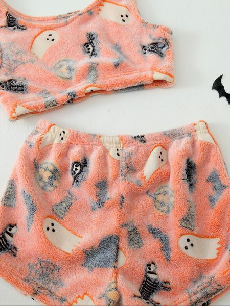 4 Counts/2 Set Women's Halloween Print Glow in The Dark Crop Tank Top & Elastic Waist Shorts Fluffy Pajamas, Casual Comfortable Loungewear for Women, Comfy Loungewear for Women, Women's Sleepwear for Fall, Fluffy Pajamas 4 Counts/2 Set Women's Halloween Print Glow in The Dark Crop Tank Top & Elastic Waist Shorts Fluffy Pajamas, Casual Comfortable Loungewear for Women, Comfy Loungewear for Women, Women's Sleepwear for Fall, Fluffy Pajamas