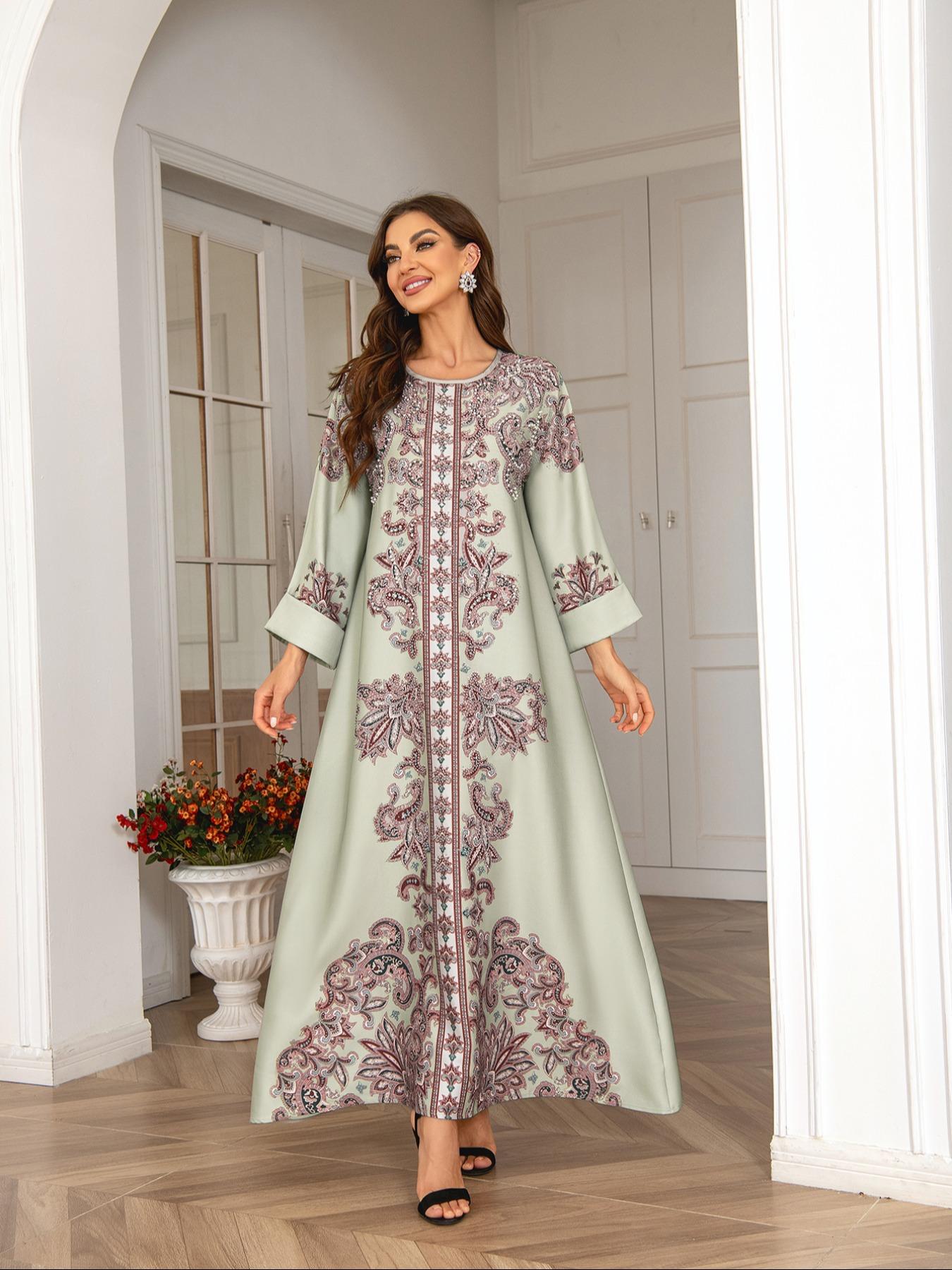 Elegant Boho Muslim Women's Long Robe, All over Print, Loose-Fitting, Round Neck, Flap Sleeves, Long Sleeve, All Seasons Elegant Boho Muslim Women's Long Robe, All over Print, Loose-Fitting, Round Neck, Flap Sleeves, Long Sleeve, All Seasons