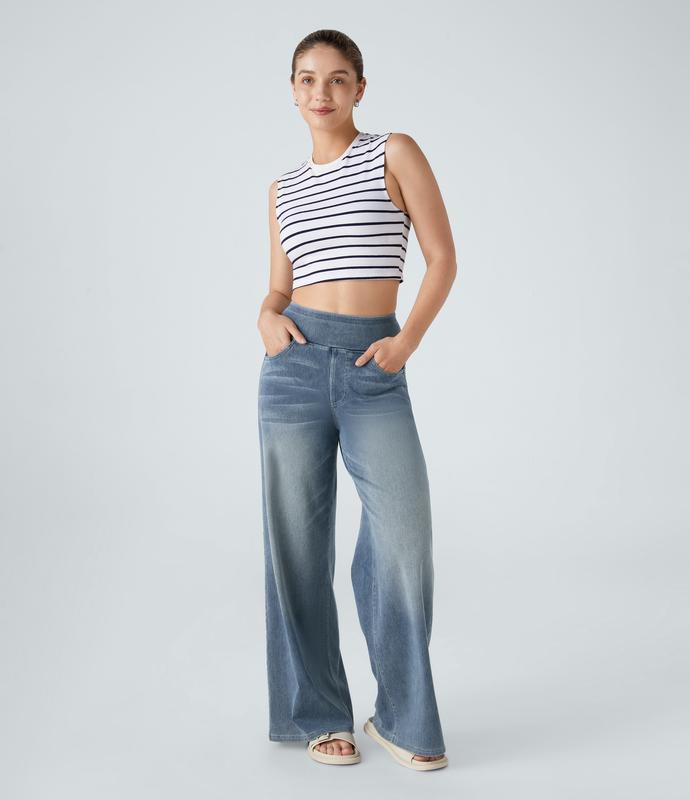 2026🔥 Halara FlexTM High Waisted Multiple Pockets Baggy Wide Leg Washed Stretchy Knit Casual Jeans