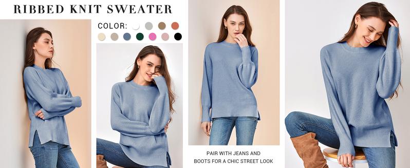Ebifin Womens Oversized Tunic Sweaters Fall Slouchy Long Sleeve Ribbed Knit Side Slit Pullover Jumper