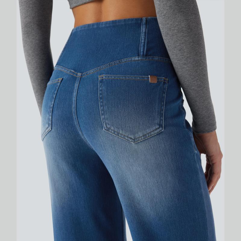 2026🔥 Halara FlexTM High Waisted Multiple Pockets Baggy Wide Leg Washed Stretchy Knit Casual Jeans