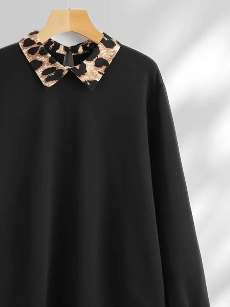 【Plus Size】 Leopard Print Curved Hem Pullover Sweatshirt, Casual Long Sleeve Sweatshirt for Fall & Winter, Women's Clothing for Daily Wear