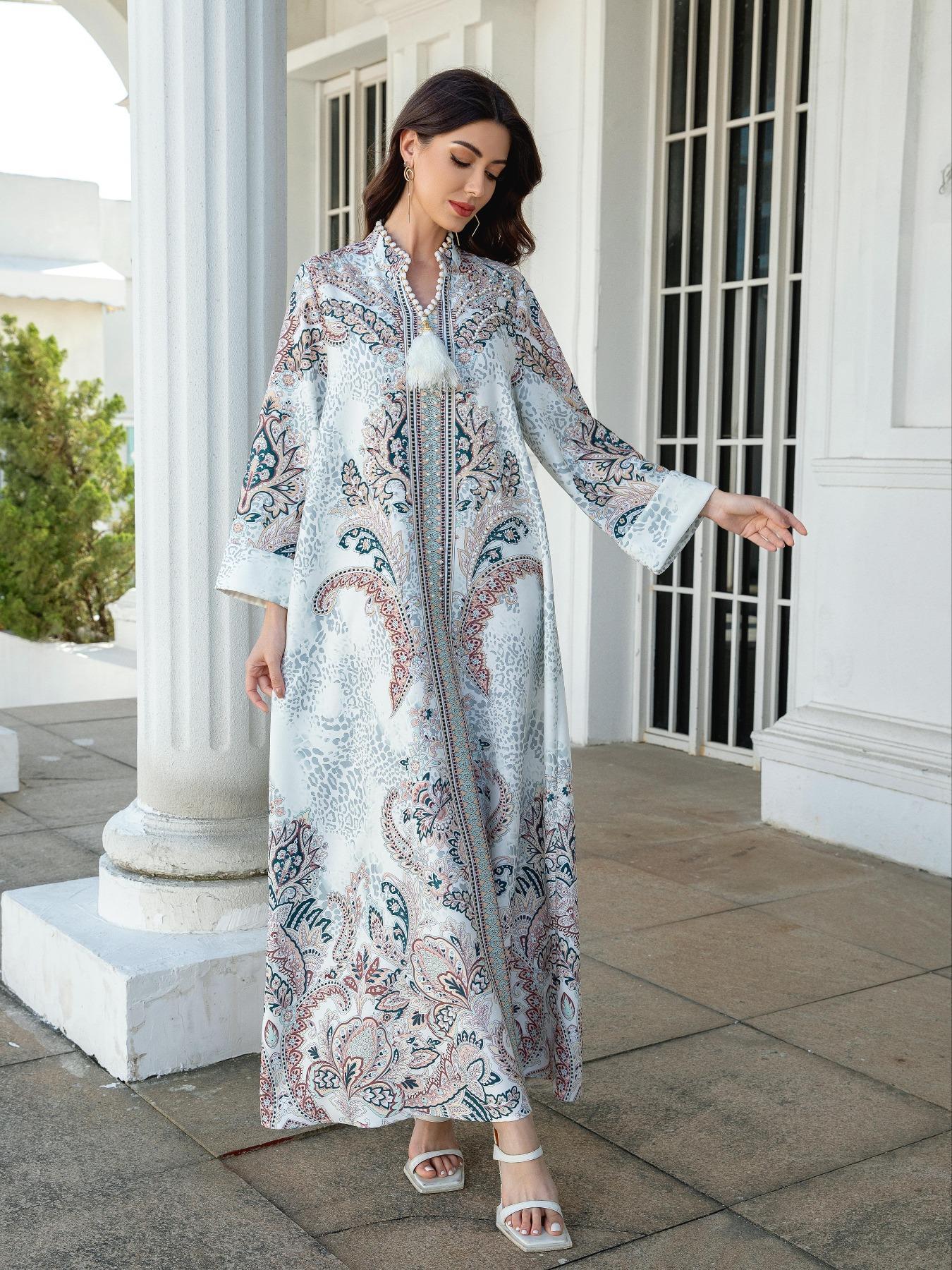 Women's V Neck Long Dress, All-Season Loose Fit A-Line Jalabiya, Soft 75D Stretch Fabric, Elegant Arabic Clothing Women's V Neck Long Dress, All-Season Loose Fit A-Line Jalabiya, Soft 75D Stretch Fabric, Elegant Arabic Clothing