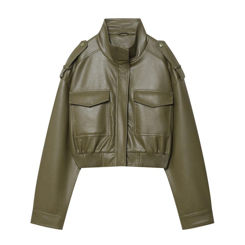 Women's Olive Green Faux Leather Bomber Moto Jacket with Stand Collar and Flap Pockets, Casual Short Layered Streetwear Outerwear Women's Olive Green Faux Leather Bomber Moto Jacket with Stand Collar and Flap Pockets, Casual Short Layered Streetwear Outerwear