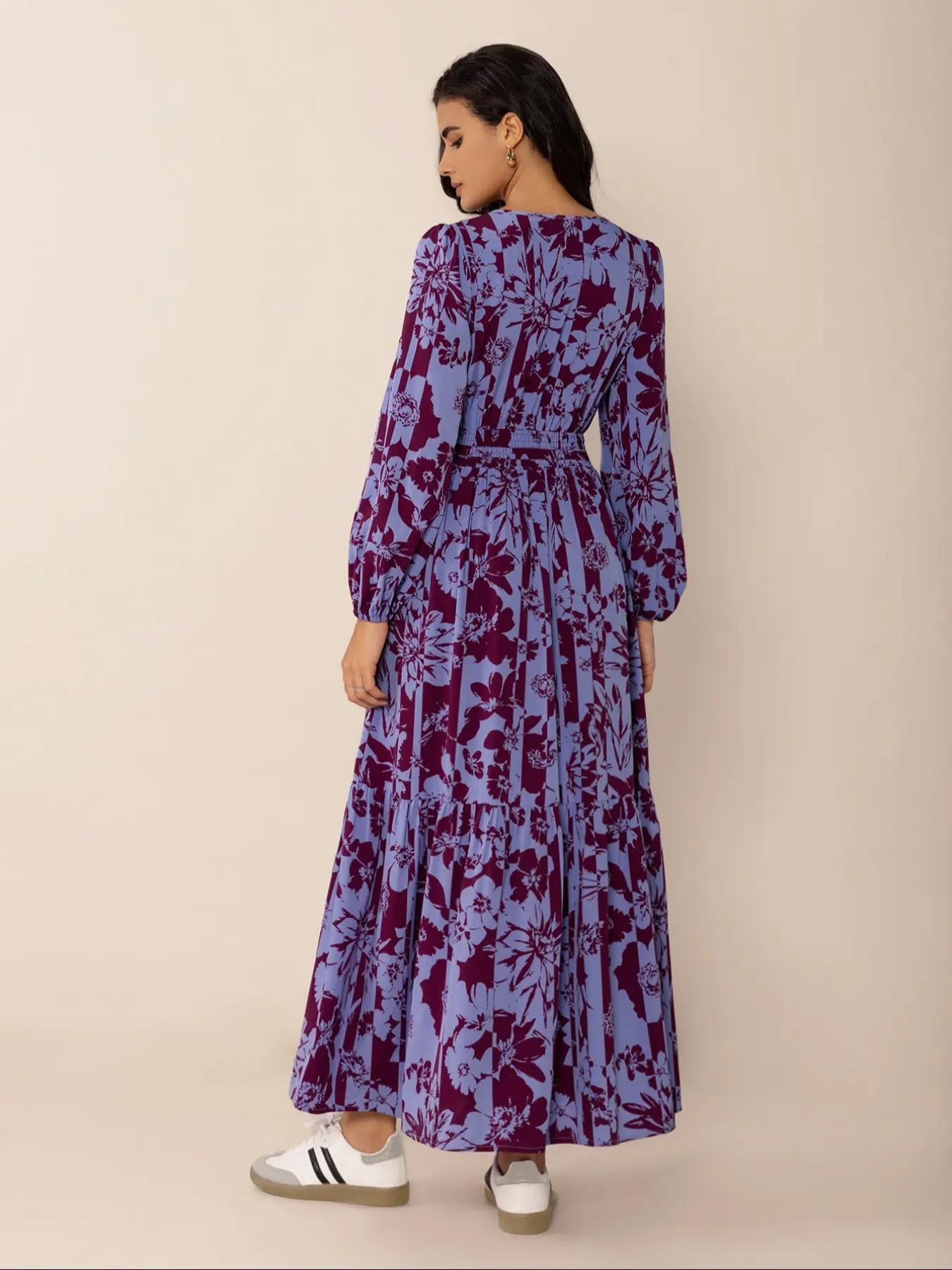 Women's Boho Floral Print Lantern Sleeve Dress with Fitted Waist Adjustable Tie Design, Comfortable Casual Long Sleeve Dress for Fall & Winter, Bohemian, Womenswear Women's Boho Floral Print Lantern Sleeve Dress with Fitted Waist Adjustable Tie Design, Comfortable Casual Long Sleeve Dress for Fall & Winter, Bohemian, Womenswear