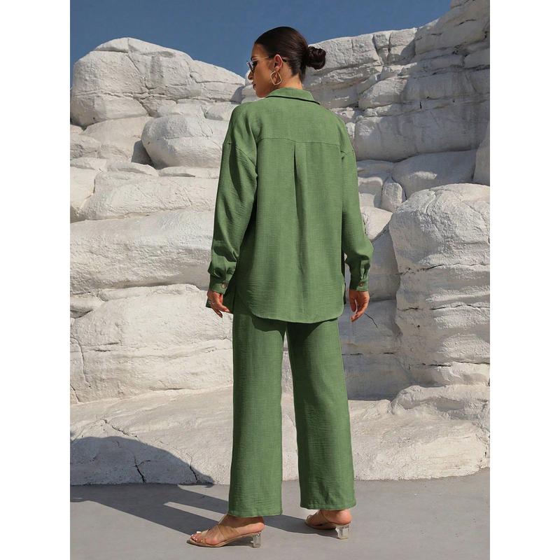 Women's Solid Button Front Shirt & Tie Front Wide Leg Pants Two-piece Set, Casual Drop Shoulder Long Sleeve Blouse Top & Trousers 2 Piece Set for Spring & Fall, Women's Clothes for Daily Wear Womenswear Suits Apricot Basic Minimalist Women's Solid Button Front Shirt & Tie Front Wide Leg Pants Two-piece Set, Casual Drop Shoulder Long Sleeve Blouse Top & Trousers 2 Piece Set for Spring & Fall, Women's Clothes for Daily Wear Womenswear Suits Apricot Basic Minimalist