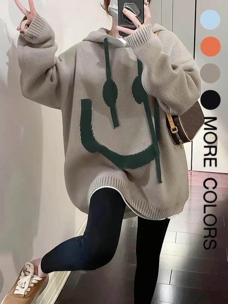 Women's Cartoon Face Print Drop Shoulder Hooded Sweater, Fashion Casual Long Sleeve Drawstring Hooded Sweater for Daily Holiday Outdoor Wear, Women Knitwear for Fall & Winter, Sweaters for Women Women's Cartoon Face Print Drop Shoulder Hooded Sweater, Fashion Casual Long Sleeve Drawstring Hooded Sweater for Daily Holiday Outdoor Wear, Women Knitwear for Fall & Winter, Sweaters for Women