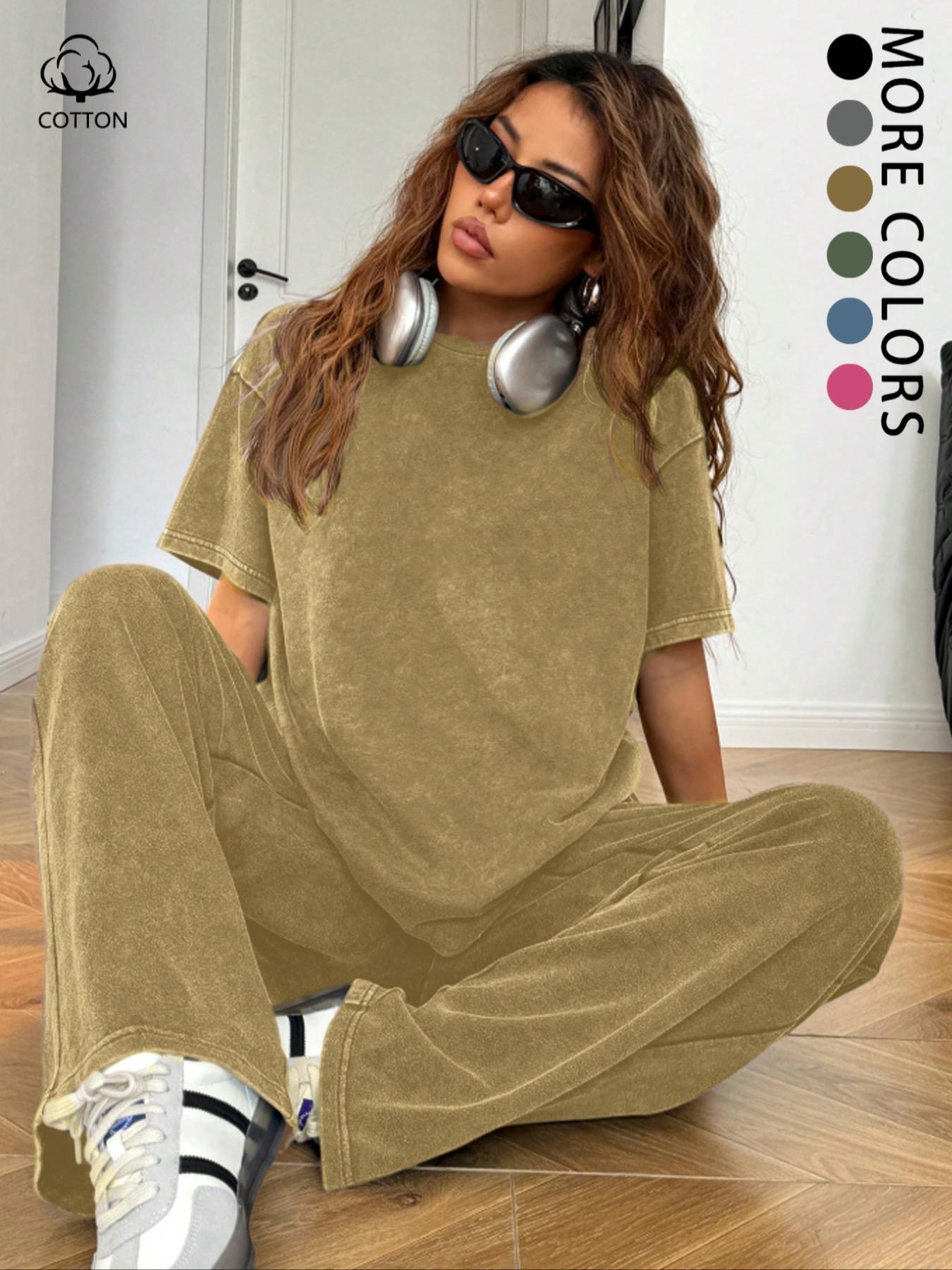Women's Casual Loose Fit Acid Washed Cotton Short Sleeve T-Shirt and Long Pants Two-Piece Set, All Seasons, Plain Style Women's Casual Loose Fit Acid Washed Cotton Short Sleeve T-Shirt and Long Pants Two-Piece Set, All Seasons, Plain Style