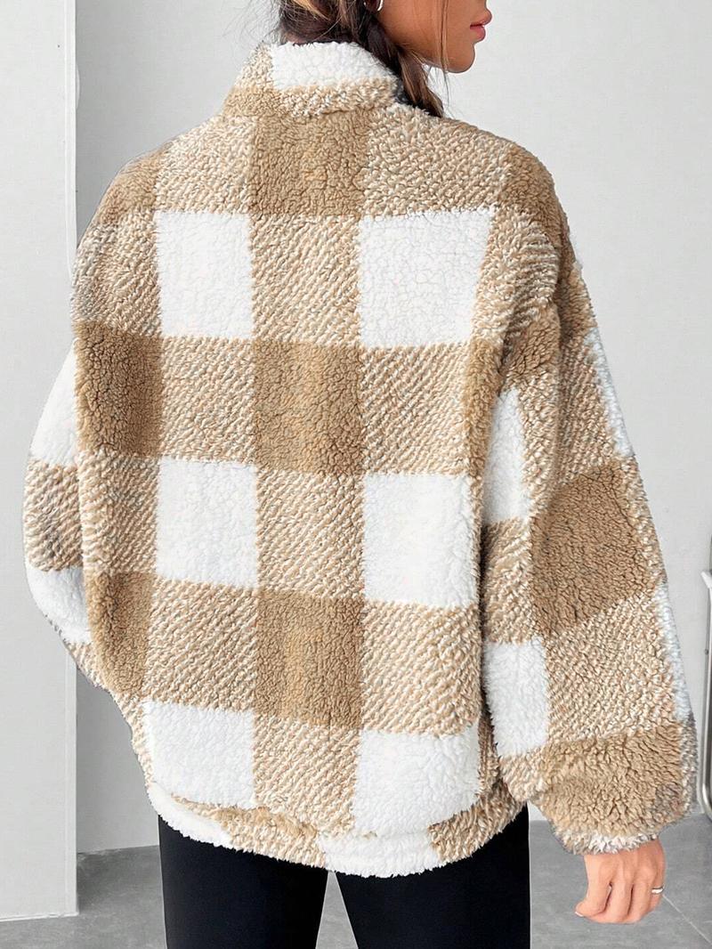 Women's Plaid Print Half Zip Drop Shoulder Fleece Sweatshirt, Casual Long Sleeve Stand Collar Pullover for Spring & Fall, Ladies Clothes for Daily Wear