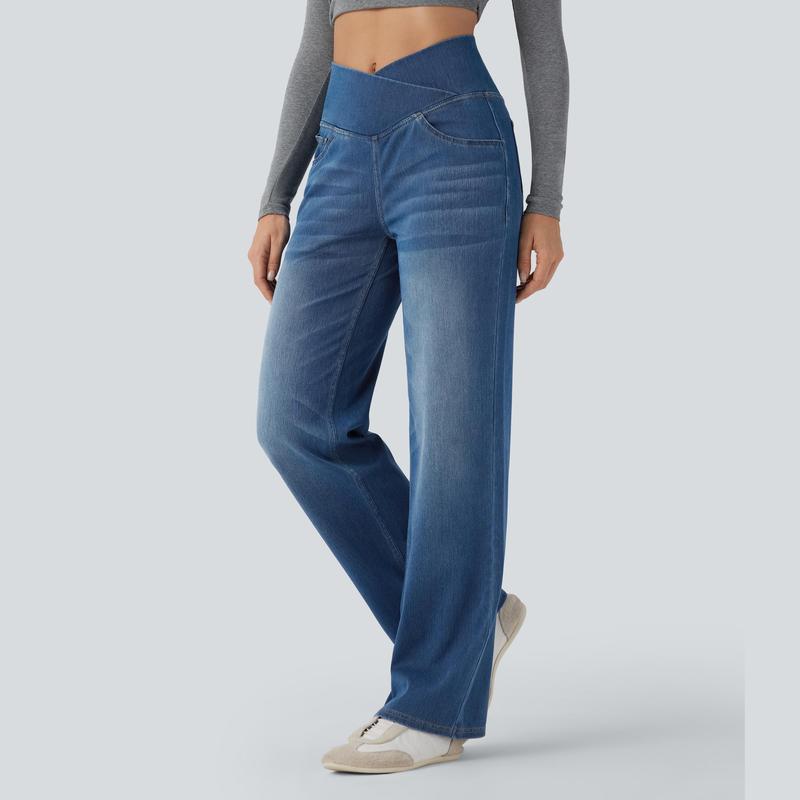 2026🔥 Halara FlexTM High Waisted Multiple Pockets Baggy Wide Leg Washed Stretchy Knit Casual Jeans