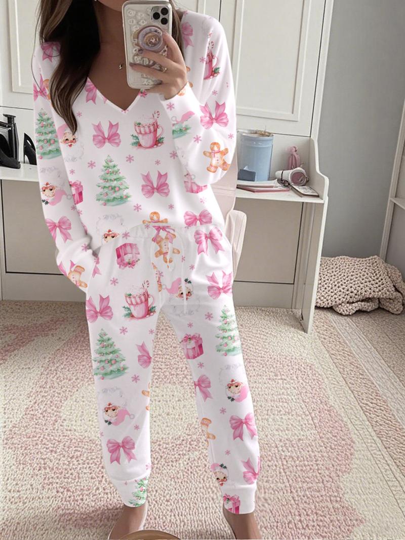 Women's Christmas Print Casual Set, Long Sleeve V Neck Top & Belted Pants, Ladies Homewear & Pajamas, Spring & Fall Fashion Women's Christmas Print Casual Set, Long Sleeve V Neck Top & Belted Pants, Ladies Homewear & Pajamas, Spring & Fall Fashion
