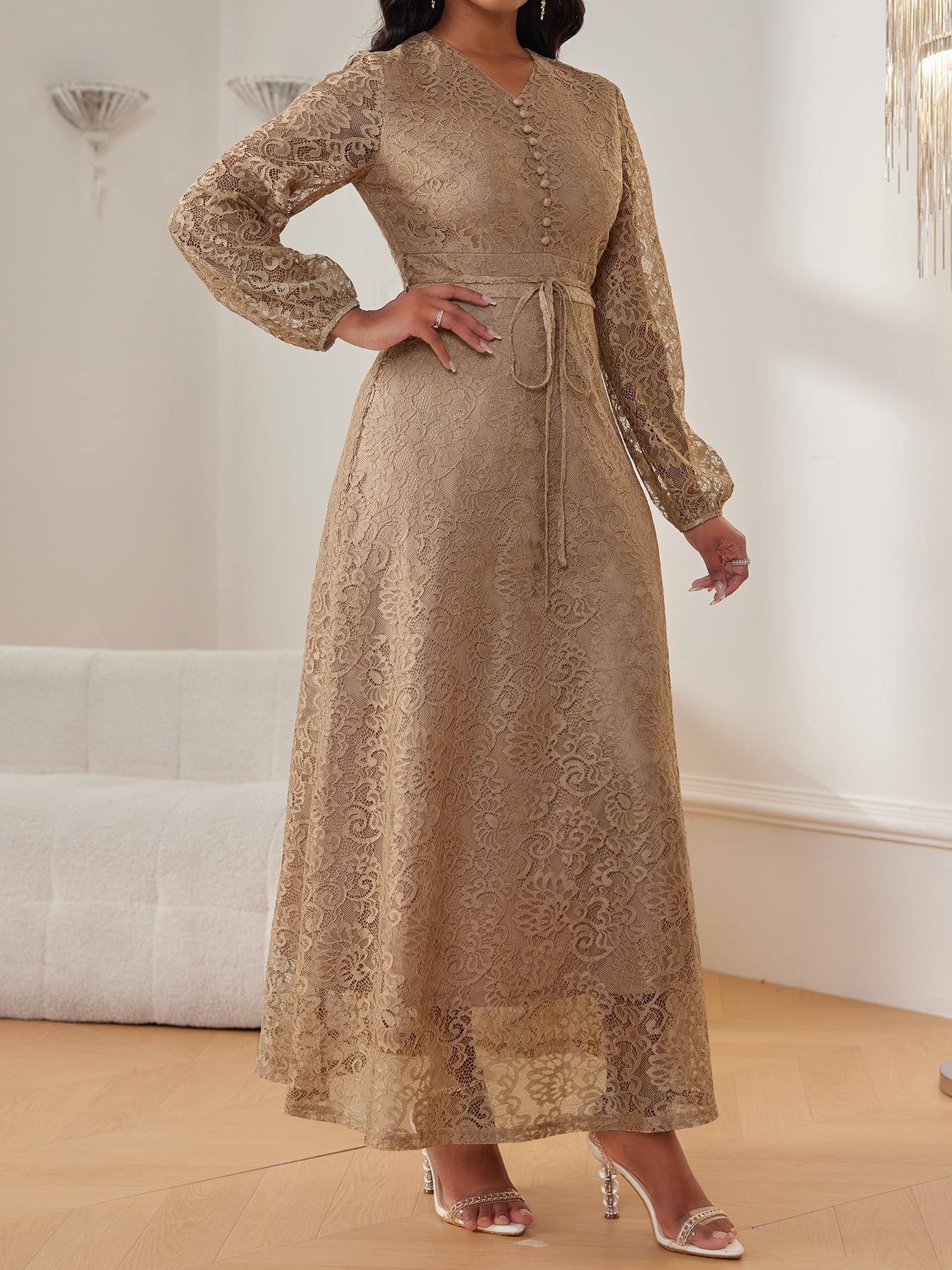 Women's Lace V-Neck Long Sleeve Dress, Elegant Chic Belted Waist, Slim Fit, Plain Color, Wedding Evening Formal Occasion, Spring & Fall Women's Lace V-Neck Long Sleeve Dress, Elegant Chic Belted Waist, Slim Fit, Plain Color, Wedding Evening Formal Occasion, Spring & Fall