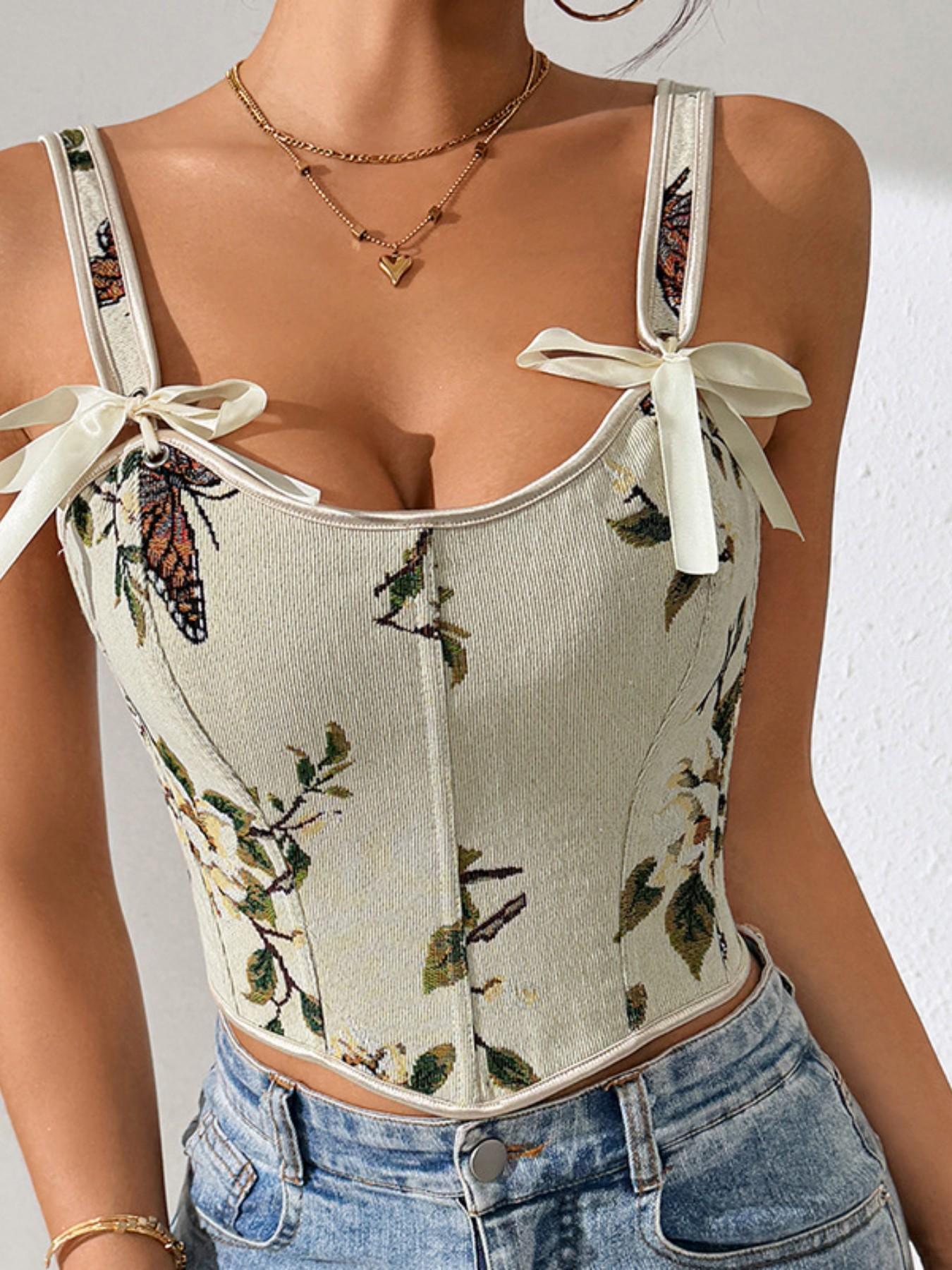 Women's Floral Print Adjustable Lace Up Corset Structure Shapewear Tank Top, Fashionable Bow Decor Shapewear Top for Daily Wear, Tummy Control Shaper for Women Women's Floral Print Adjustable Lace Up Corset Structure Shapewear Tank Top, Fashionable Bow Decor Shapewear Top for Daily Wear, Tummy Control Shaper for Women