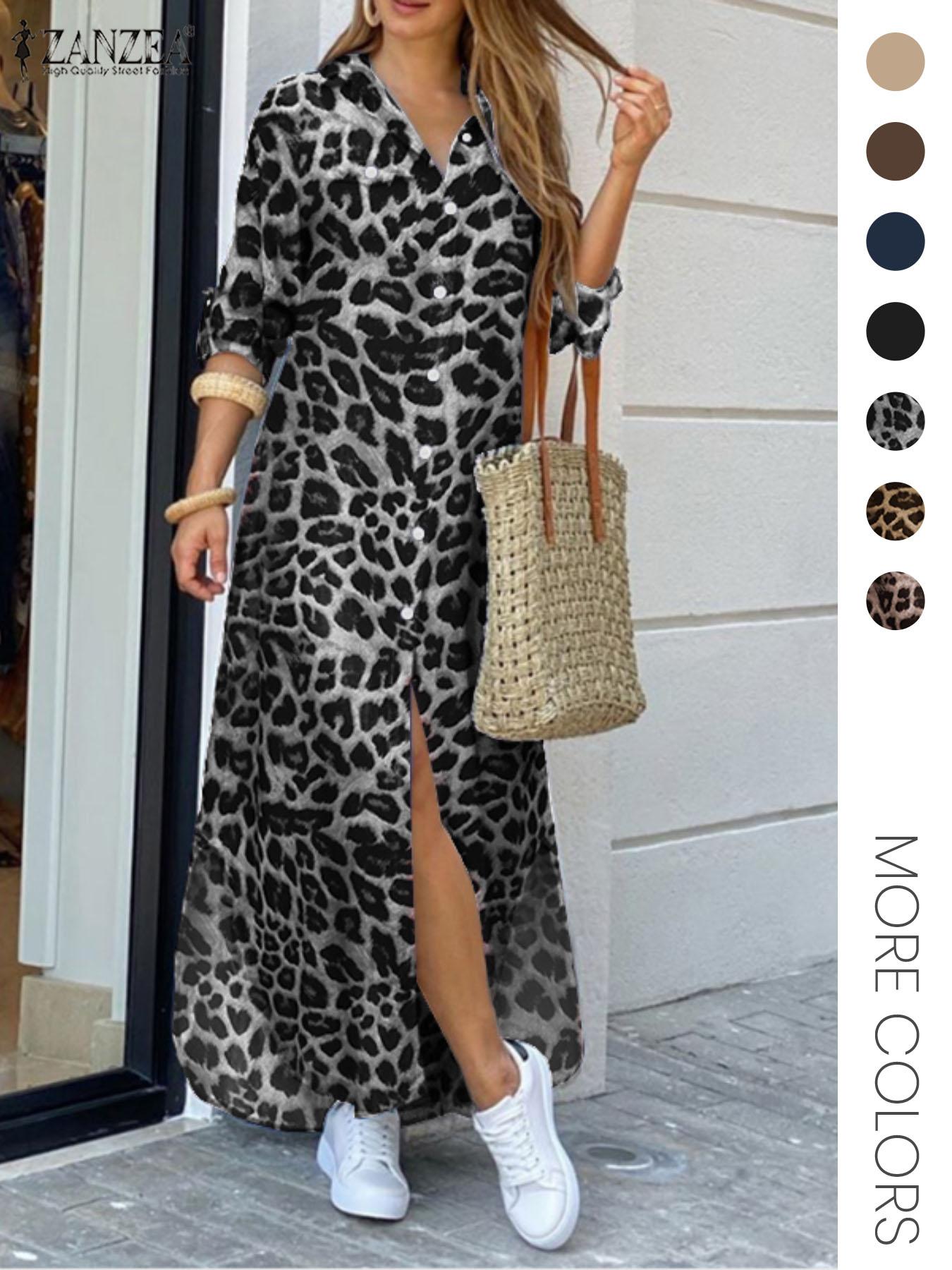 Women's Leopard Print Button Front Flap Pocket Shirt Fabric Dress, Casual Curved Hem Long Sleeve Collared Long Dress for Daily Wear, Ladies' Clothes for All Seasons, Womenswear Women's Leopard Print Button Front Flap Pocket Shirt Fabric Dress, Casual Curved Hem Long Sleeve Collared Long Dress for Daily Wear, Ladies' Clothes for All Seasons, Womenswear