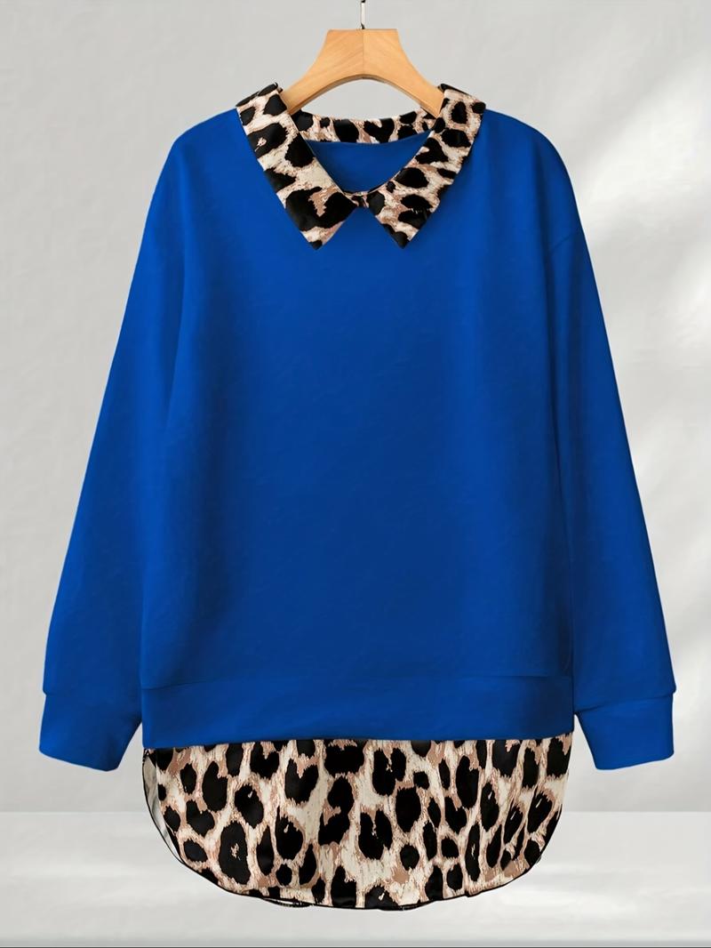 【Plus Size】 Leopard Print Curved Hem Pullover Sweatshirt, Casual Long Sleeve Sweatshirt for Fall & Winter, Women's Clothing for Daily Wear