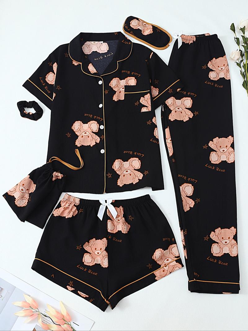 Women's All Over Print Top & Shorts & Pants & Accessories Pyjama Set, Casual Comfy Pj Set, Ladies Sleepwear for All Seasons Women's All Over Print Top & Shorts & Pants & Accessories Pyjama Set, Casual Comfy Pj Set, Ladies Sleepwear for All Seasons