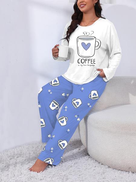 Plus Size Heart Coffee Letter Print Comfortable 2-Piece Pajama Set, Long Sleeve Top & Pants, Casual Fitted Sleepwear for All Seasons Plus Size Heart Coffee Letter Print Comfortable 2-Piece Pajama Set, Long Sleeve Top & Pants, Casual Fitted Sleepwear for All Seasons