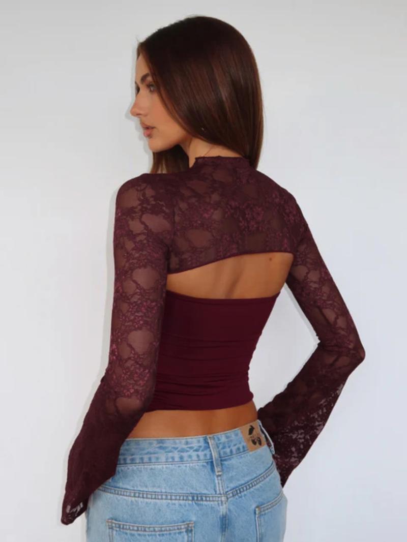 Elegant Lace Hollow Out Flare Sleeve Top, Vintage Style, Slim Fit, Show off Elegance, Perfect for Any Occasion Elegant Lace Hollow Out Flare Sleeve Top, Vintage Style, Slim Fit, Show off Elegance, Perfect for Any Occasion