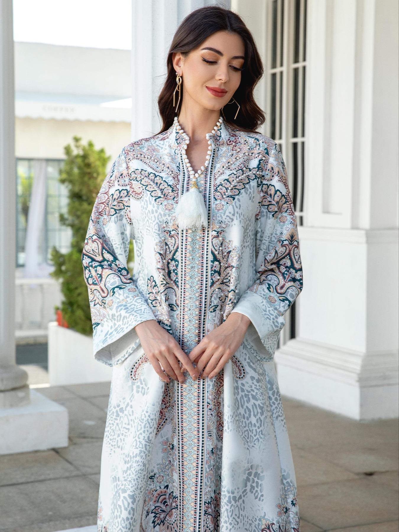 Women's V Neck Long Dress, All-Season Loose Fit A-Line Jalabiya, Soft 75D Stretch Fabric, Elegant Arabic Clothing Women's V Neck Long Dress, All-Season Loose Fit A-Line Jalabiya, Soft 75D Stretch Fabric, Elegant Arabic Clothing