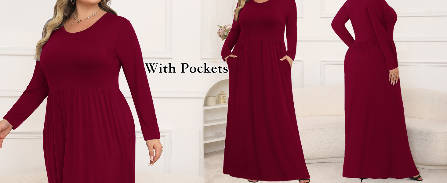 Womens Plus Size Maxi Dresses Long Sleeve with Pockets Casual Long Dress