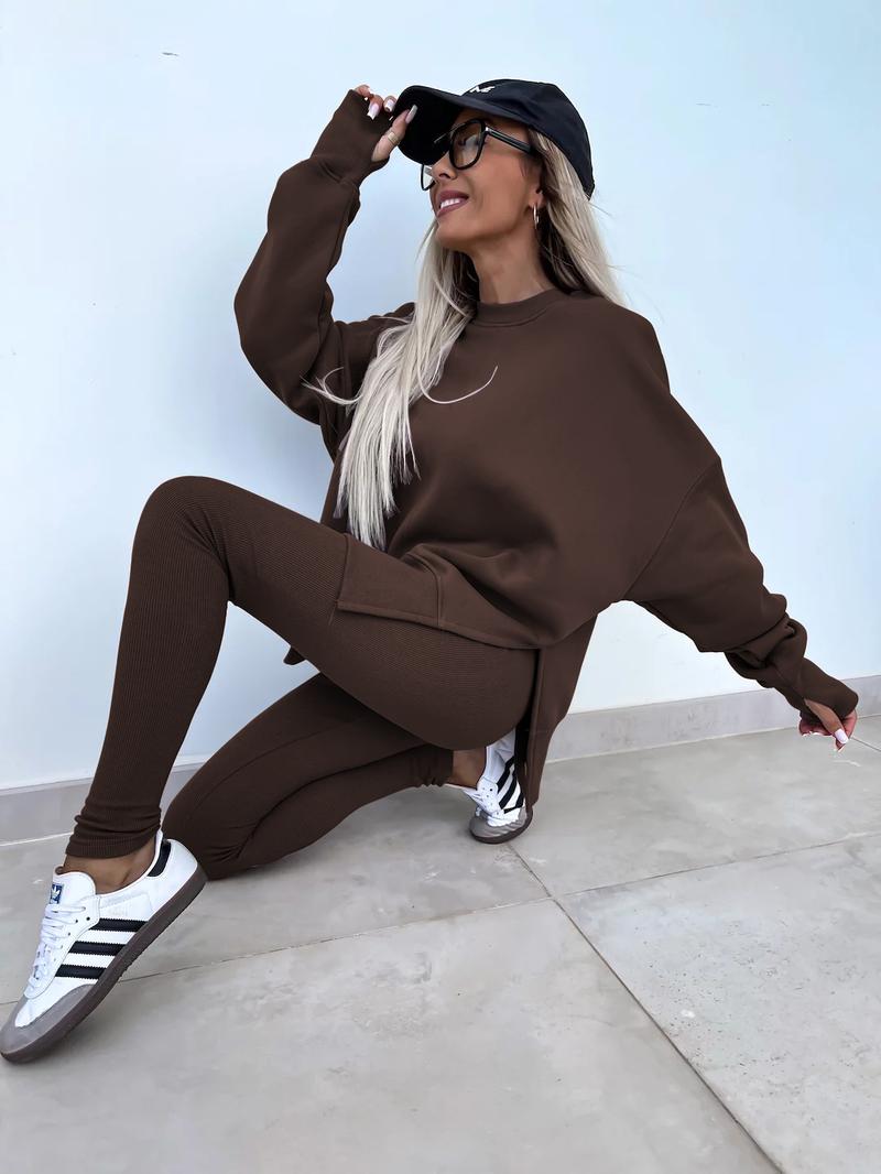 Oversize Two-Piece Set Women's  Split Hem Sweatshirt & Skinny Pants, Casual Fashion Cozy Round Neck Long Sleeve Pullover Women's Clothing for Fall & Basic Winter  Suits Womenswear Gamis