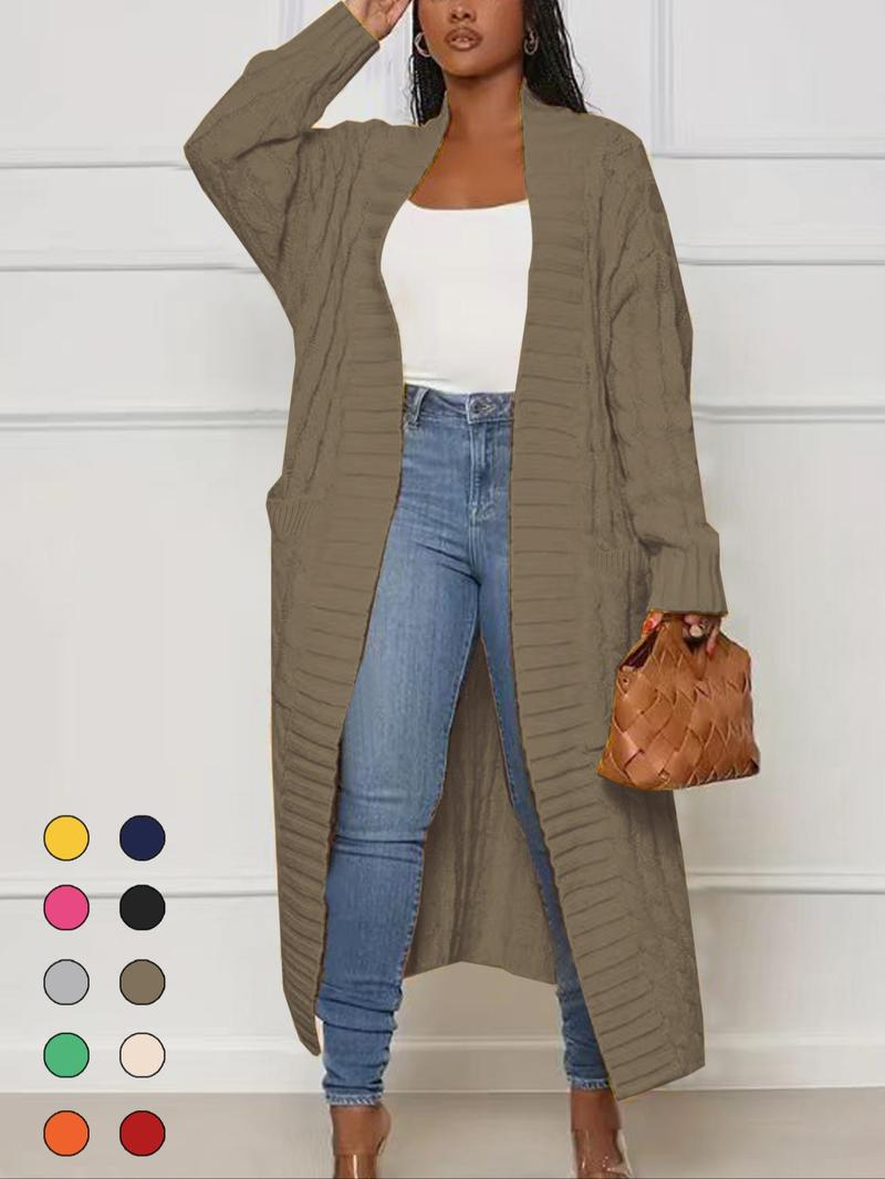 Women's Solid Color Textured Drop Shoulder Pocket Longline Cardigan, Casual Open Front Knitwear for Fall & Winter, Women's Knit Clothing for Daily Wear, Sweaters for Women, Trending Clothing Women, Going Out Tops, Womenswear, Yellow