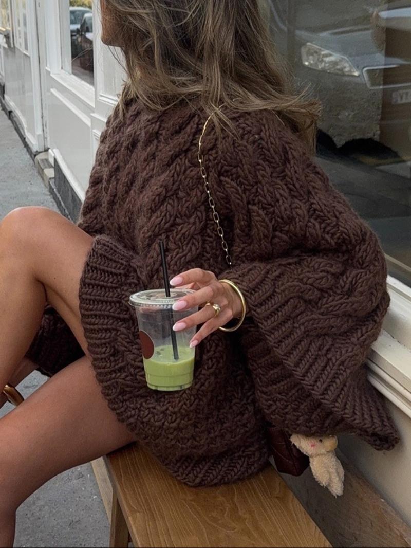 Women's Casual Loose-Fit Sweater, Round Neck Long Sleeve Knitted Top, Fall & Winter Fashion, Daily Wear, Plain Color Knitwear
