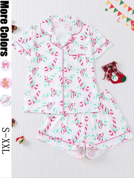 【christmas】Women's Christmas Pajama Set, Santa Cookie Print, Short Sleeve Button-up Top & Elastic Shorts, Casual All-season Sleepwear, Christmas Pyjamas, Loungewear 【christmas】Women's Christmas Pajama Set, Santa Cookie Print, Short Sleeve Button-up Top & Elastic Shorts, Casual All-season Sleepwear, Christmas Pyjamas, Loungewear