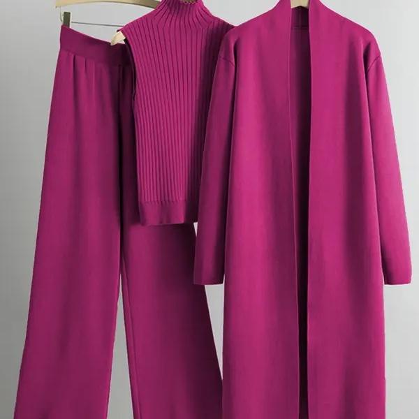 Trendy Knit Turtle Neck Tank & Wide Leg Trousers with Open-front Long Cardigan Three-piece Clothes Sets, Casual Womenswear Trendy Knit Turtle Neck Tank & Wide Leg Trousers with Open-front Long Cardigan Three-piece Clothes Sets, Casual Womenswear