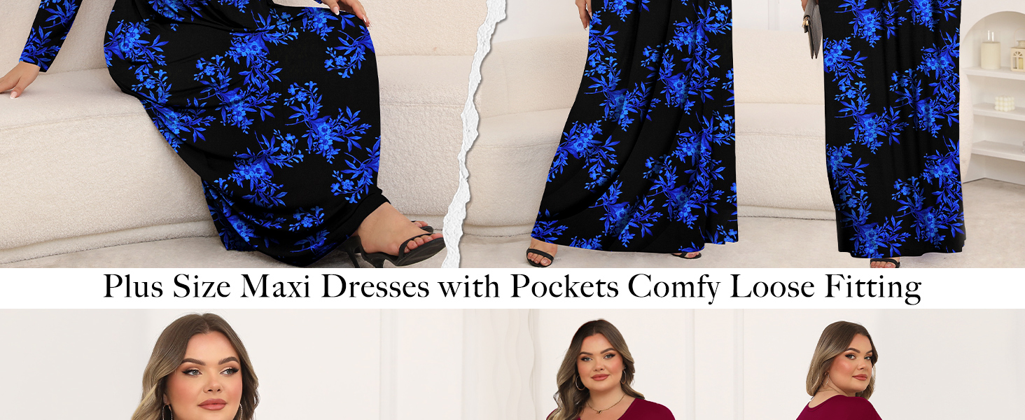 Womens Plus Size Maxi Dresses Long Sleeve with Pockets Casual Long Dress