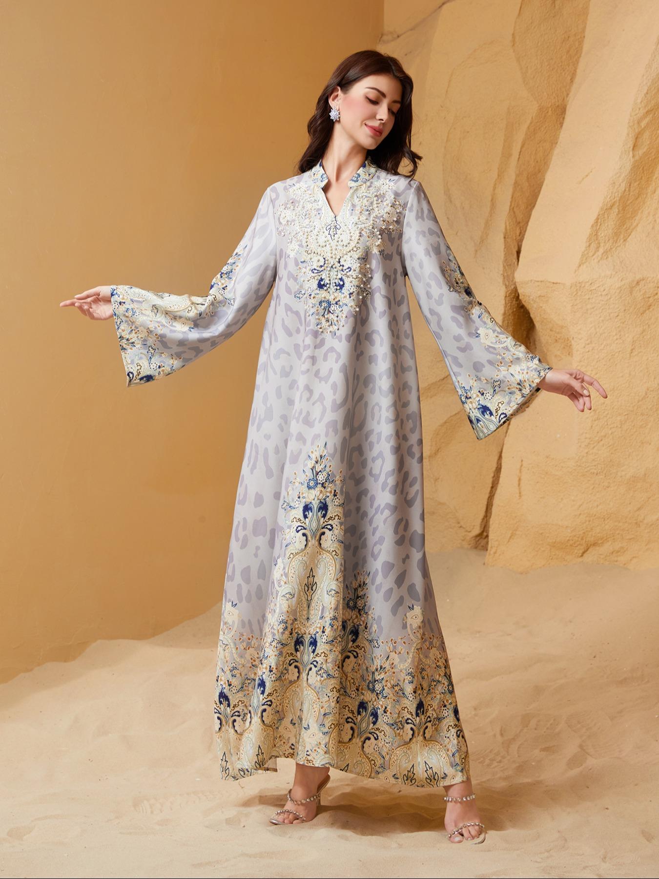 Women's Traditional Ethnic Pattern Faux Pearl Decor Long Dress, Boho Long Sleeve Round Neck Dress for Vacation Holiday Wedding Guest, Ladies Muslim Clothing for All Seasons Women's Traditional Ethnic Pattern Faux Pearl Decor Long Dress, Boho Long Sleeve Round Neck Dress for Vacation Holiday Wedding Guest, Ladies Muslim Clothing for All Seasons