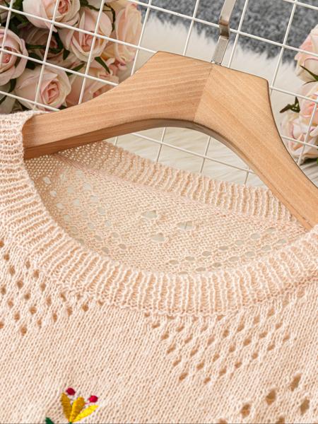 Plus Size Round Neck Floral Embroidery Hollow Out Casual Sweater, Stylish Women's Pullover for Spring & Fall Fashion