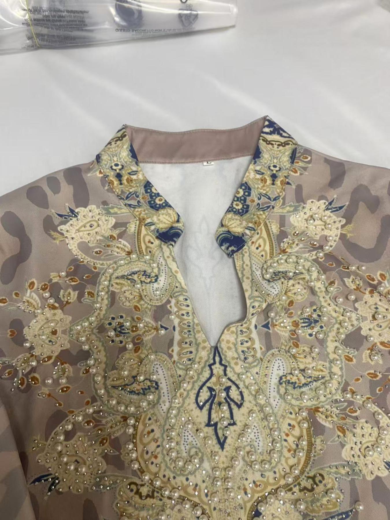 Women's Traditional Ethnic Pattern Faux Pearl Decor Long Dress, Boho Long Sleeve Round Neck Dress for Vacation Holiday Wedding Guest, Ladies Muslim Clothing for All Seasons Women's Traditional Ethnic Pattern Faux Pearl Decor Long Dress, Boho Long Sleeve Round Neck Dress for Vacation Holiday Wedding Guest, Ladies Muslim Clothing for All Seasons