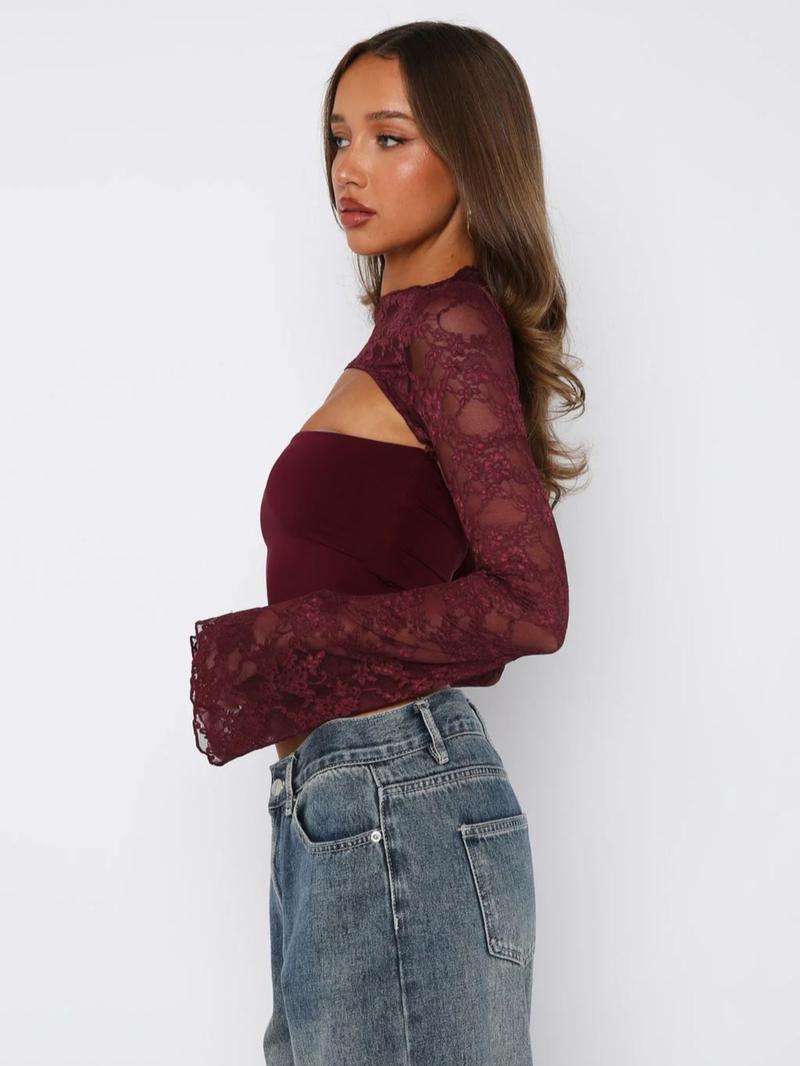 Elegant Lace Hollow Out Flare Sleeve Top, Vintage Style, Slim Fit, Show off Elegance, Perfect for Any Occasion Elegant Lace Hollow Out Flare Sleeve Top, Vintage Style, Slim Fit, Show off Elegance, Perfect for Any Occasion