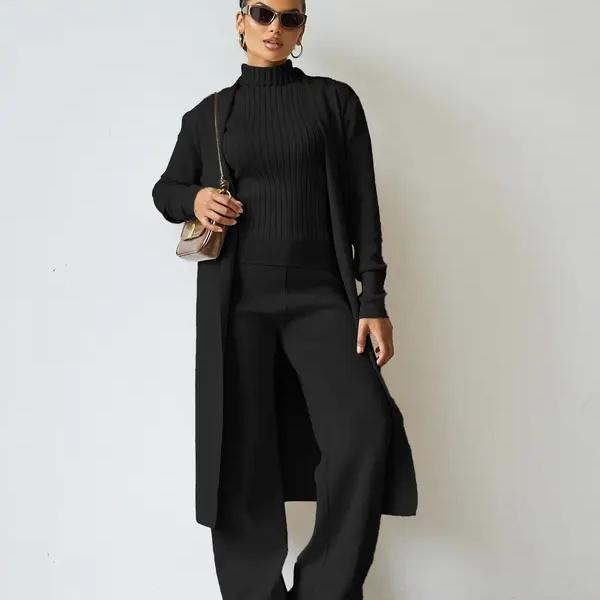 Trendy Knit Turtle Neck Tank & Wide Leg Trousers with Open-front Long Cardigan Three-piece Clothes Sets, Casual Womenswear Trendy Knit Turtle Neck Tank & Wide Leg Trousers with Open-front Long Cardigan Three-piece Clothes Sets, Casual Womenswear