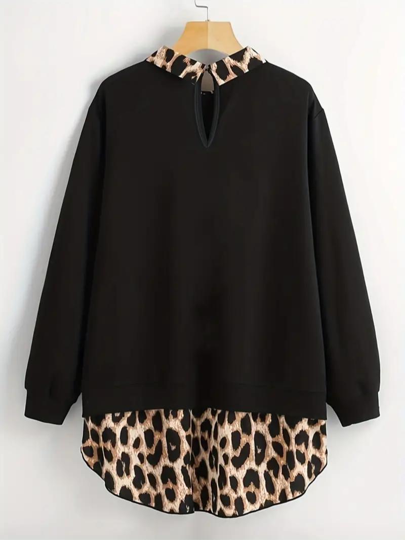 【Plus Size】 Leopard Print Curved Hem Pullover Sweatshirt, Casual Long Sleeve Sweatshirt for Fall & Winter, Women's Clothing for Daily Wear