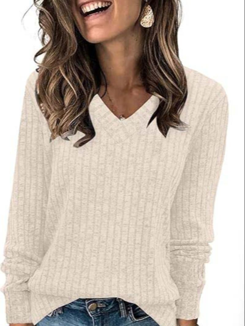 Women's Plain Drop Shoulder V Neck Tee, Casual Long Sleeve Top for Spring & Fall, Fashion Women's Clothes for Daily Wear Women's Plain Drop Shoulder V Neck Tee, Casual Long Sleeve Top for Spring & Fall, Fashion Women's Clothes for Daily Wear