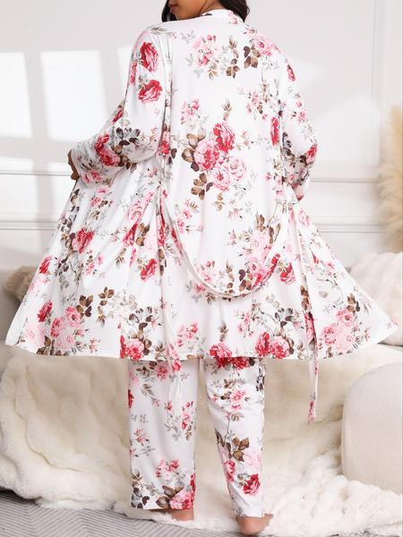 【Plus Size】 Three-Piece Set Floral Print Belted Lounge Robe & Cami Top & Elastic Waist Pants Pyjama Set, Elegant Comfy Drop Shoulder Long Sleeve Robe & Sleeveless Top & Bow Decor Trousers PJ Set, Women's Sleepwear for Spring & Fall, Pajamas 【Plus Size】 Three-Piece Set Floral Print Belted Lounge Robe & Cami Top & Elastic Waist Pants Pyjama Set, Elegant Comfy Drop Shoulder Long Sleeve Robe & Sleeveless Top & Bow Decor Trousers PJ Set, Women's Sleepwear for Spring & Fall, Pajamas