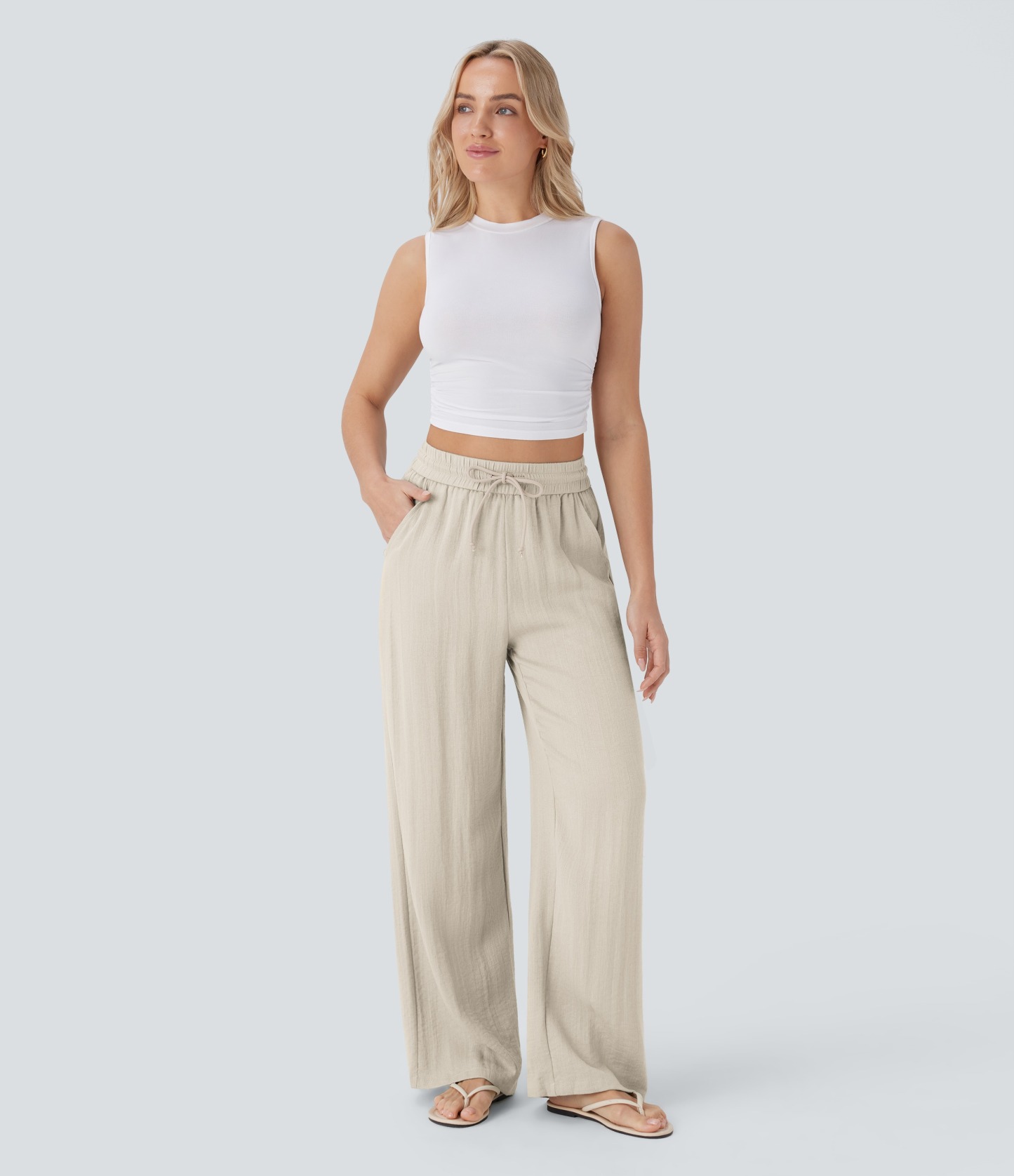 2026🔥 Halara High Waisted Drawstring Pocket Wide Leg Casual Linen-Feel Pants