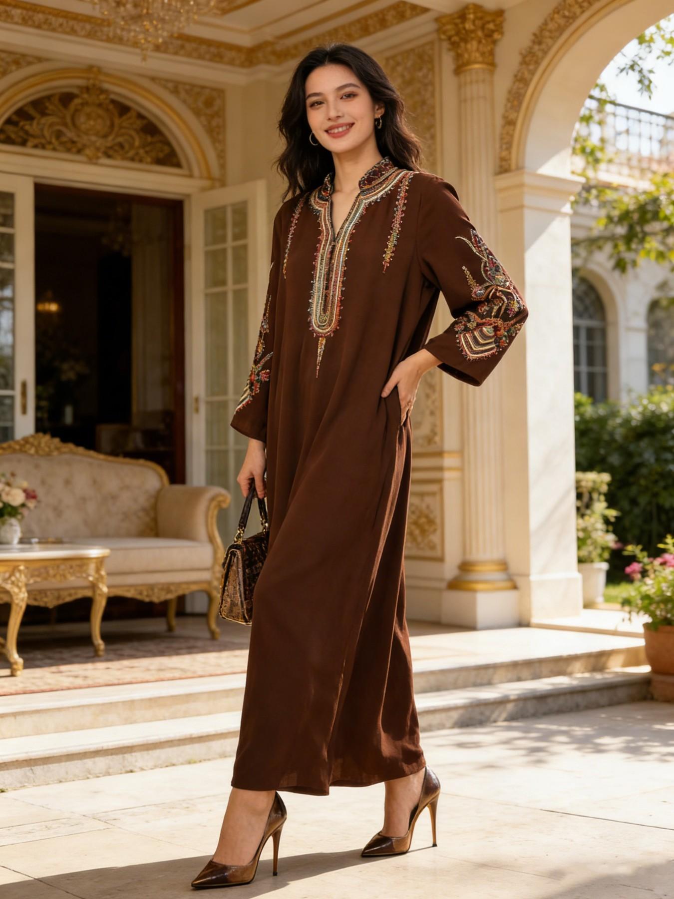 Elegant Muslim Women's Long Robe with Colorful Embroidery, Perfect for All Seasons, Stylish and Comfortable Clothing, Muslim Women Gowns Elegant Muslim Women's Long Robe with Colorful Embroidery, Perfect for All Seasons, Stylish and Comfortable Clothing, Muslim Women Gowns