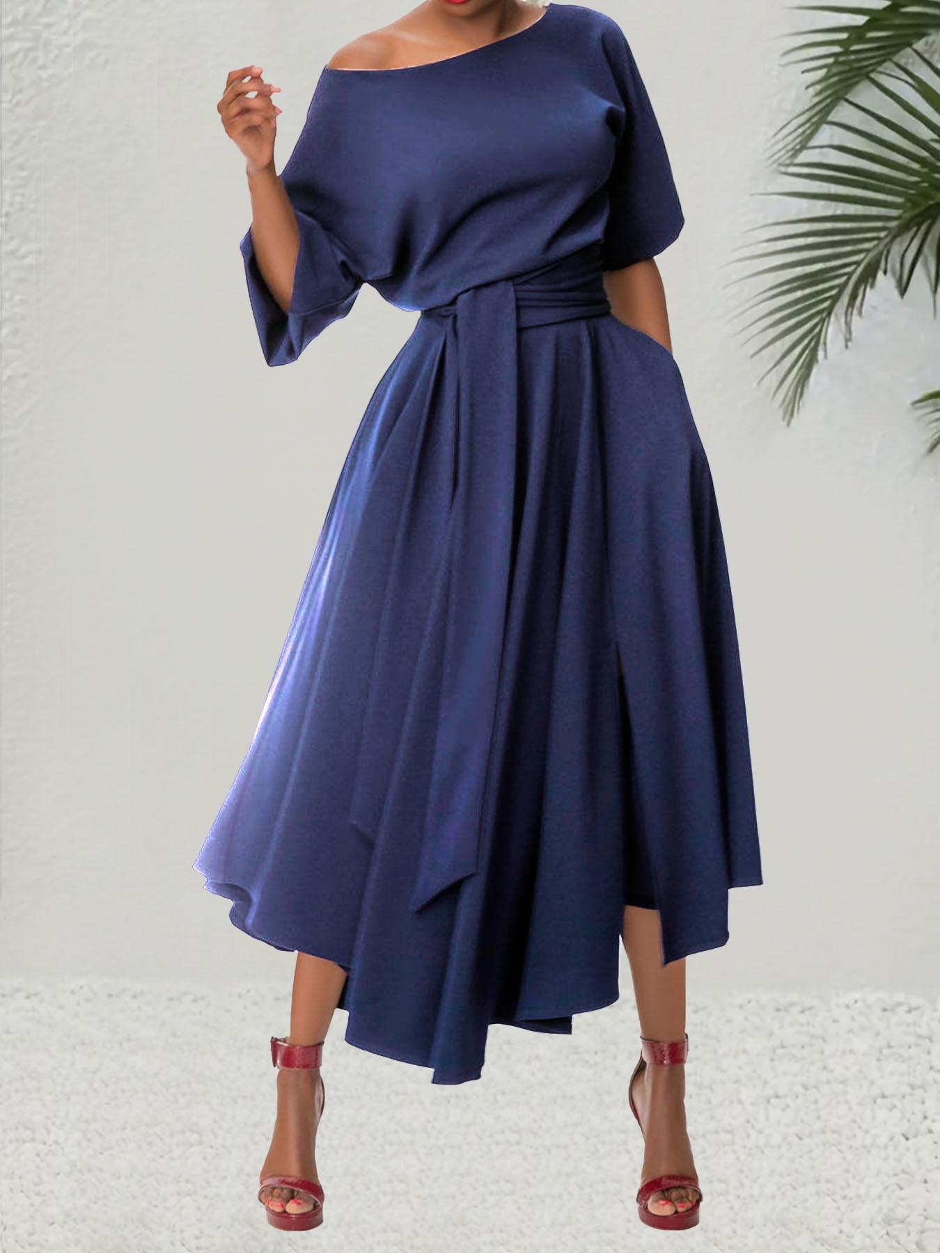 Women's Plain Belted Split Boat Neck Dress, Elegant Bishop Sleeve A Line Dress for Summer, Summer Outfits 2024, Fashion Women's Dress for Casual Daily Wear, Womenswear Women's Plain Belted Split Boat Neck Dress, Elegant Bishop Sleeve A Line Dress for Summer, Summer Outfits 2024, Fashion Women's Dress for Casual Daily Wear, Womenswear