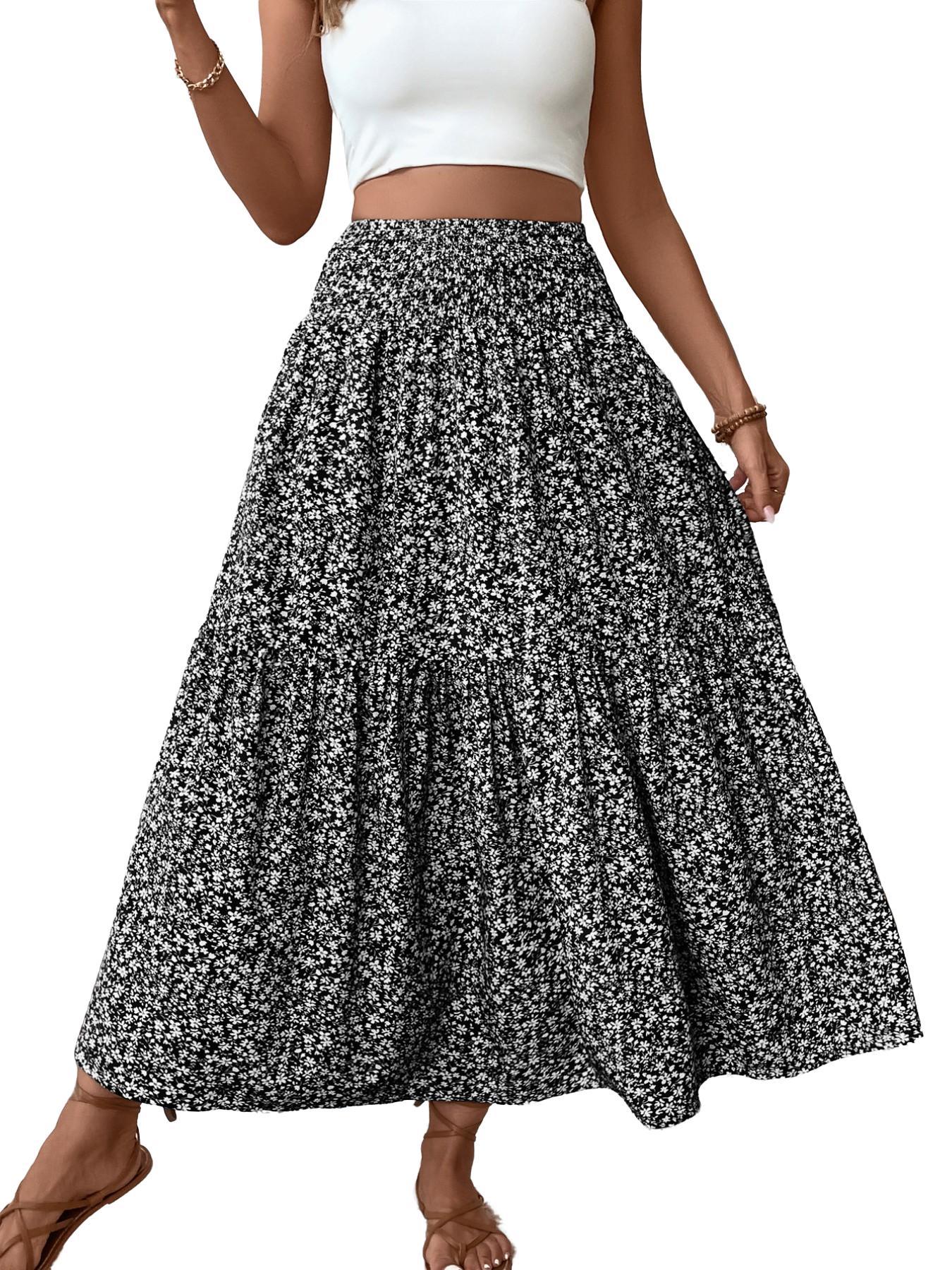 Women's Ditsy Floral Vintage Casual Vacation Layered A-Line Skirt, Elegant Long Skirt for Spring & Fall, All over Print Fitted Style Women's Ditsy Floral Vintage Casual Vacation Layered A-Line Skirt, Elegant Long Skirt for Spring & Fall, All over Print Fitted Style