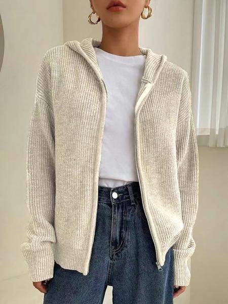 Women's Solid Color Zip Up Hooded Sweater Cardigan, Casual Long Sleeve Knitwear for Fall & Winter, Fashion Ladies' Knit Clothing for Daily Wear