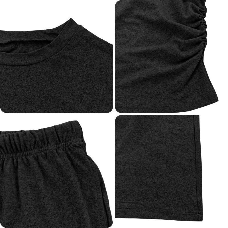 Women's Solid Ruched Drawstring Loungewear Set, Casual Long Sleeve Round Neck Top & Pocket Wide Leg Trousers, Ladies Sleepwear for All Seasons