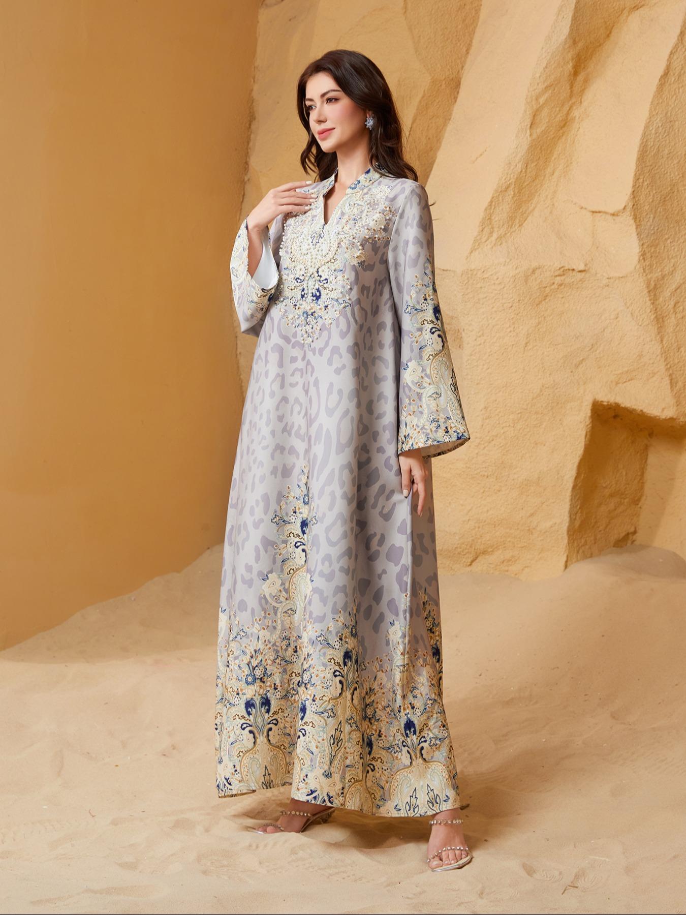 Women's Traditional Ethnic Pattern Faux Pearl Decor Long Dress, Boho Long Sleeve Round Neck Dress for Vacation Holiday Wedding Guest, Ladies Muslim Clothing for All Seasons Women's Traditional Ethnic Pattern Faux Pearl Decor Long Dress, Boho Long Sleeve Round Neck Dress for Vacation Holiday Wedding Guest, Ladies Muslim Clothing for All Seasons