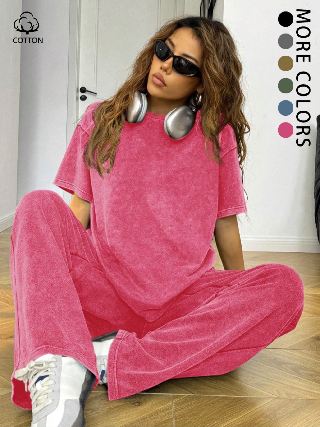 Women's Casual Loose Fit Acid Washed Cotton Short Sleeve T-Shirt and Long Pants Two-Piece Set, All Seasons, Plain Style Women's Casual Loose Fit Acid Washed Cotton Short Sleeve T-Shirt and Long Pants Two-Piece Set, All Seasons, Plain Style